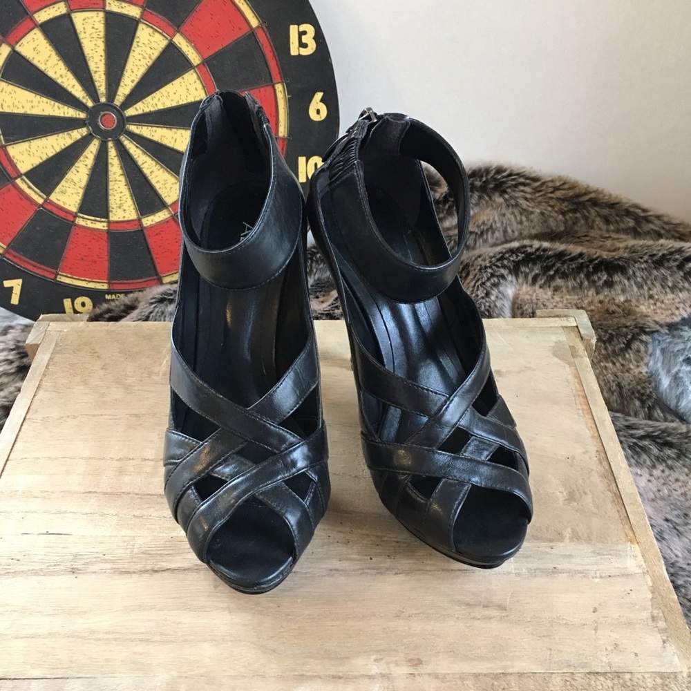 ALDO black leather ankle strap heels